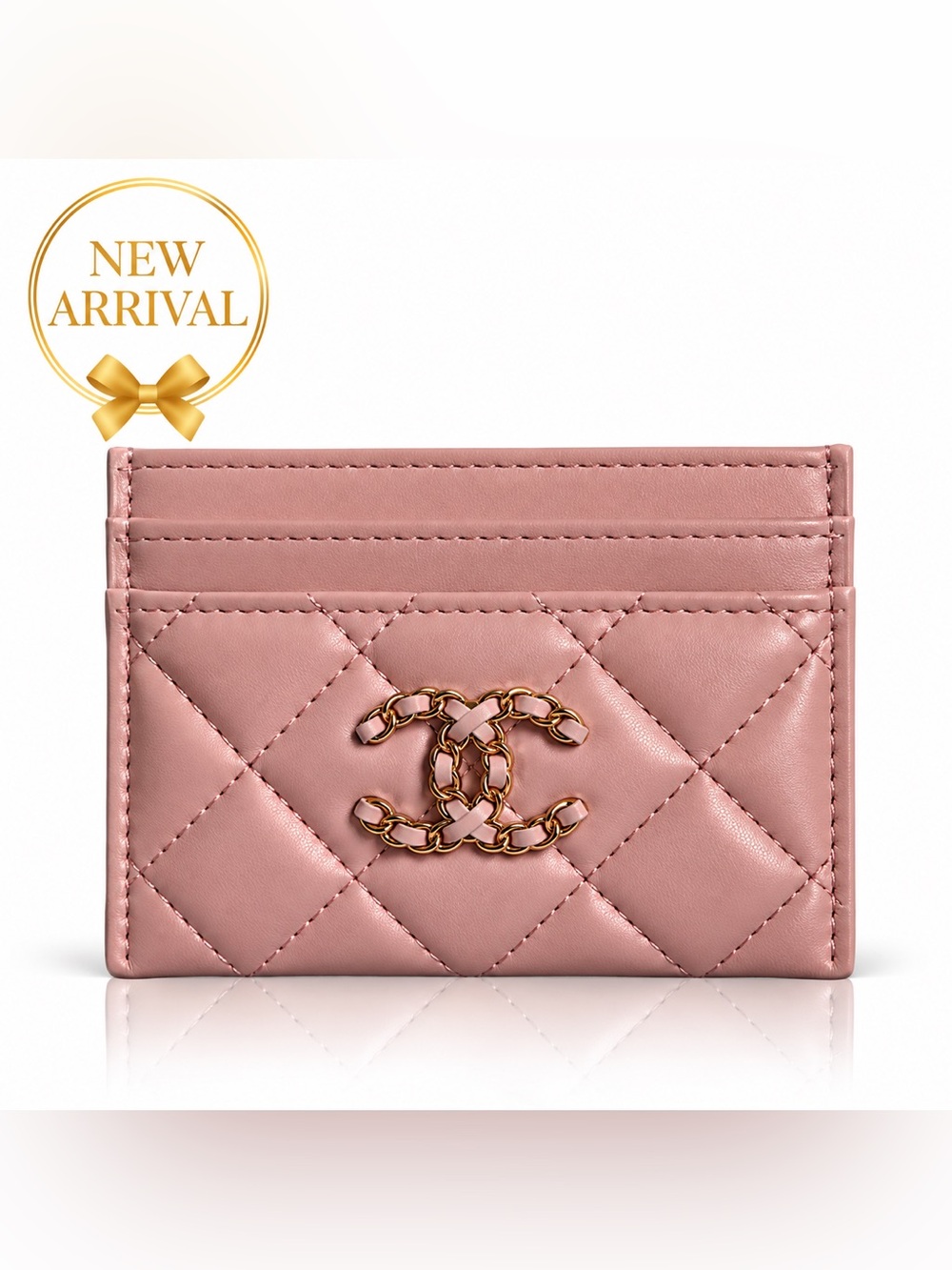 🌸 Quilted Chain-Logo Card Holder – Dusty Pink 🌸